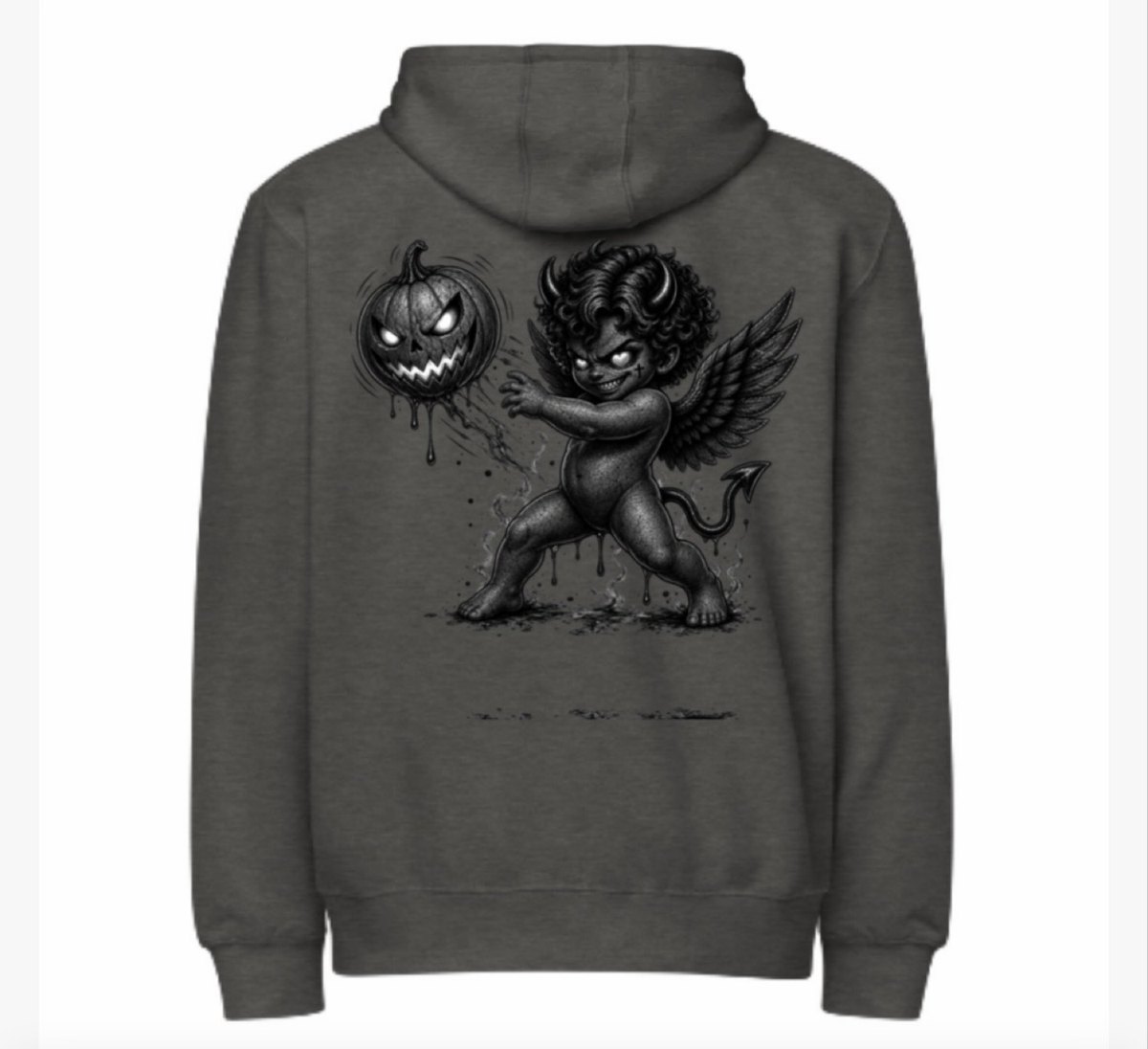 Charcoal hoodie back with a horned cupid and a dripping jack-o-lantern