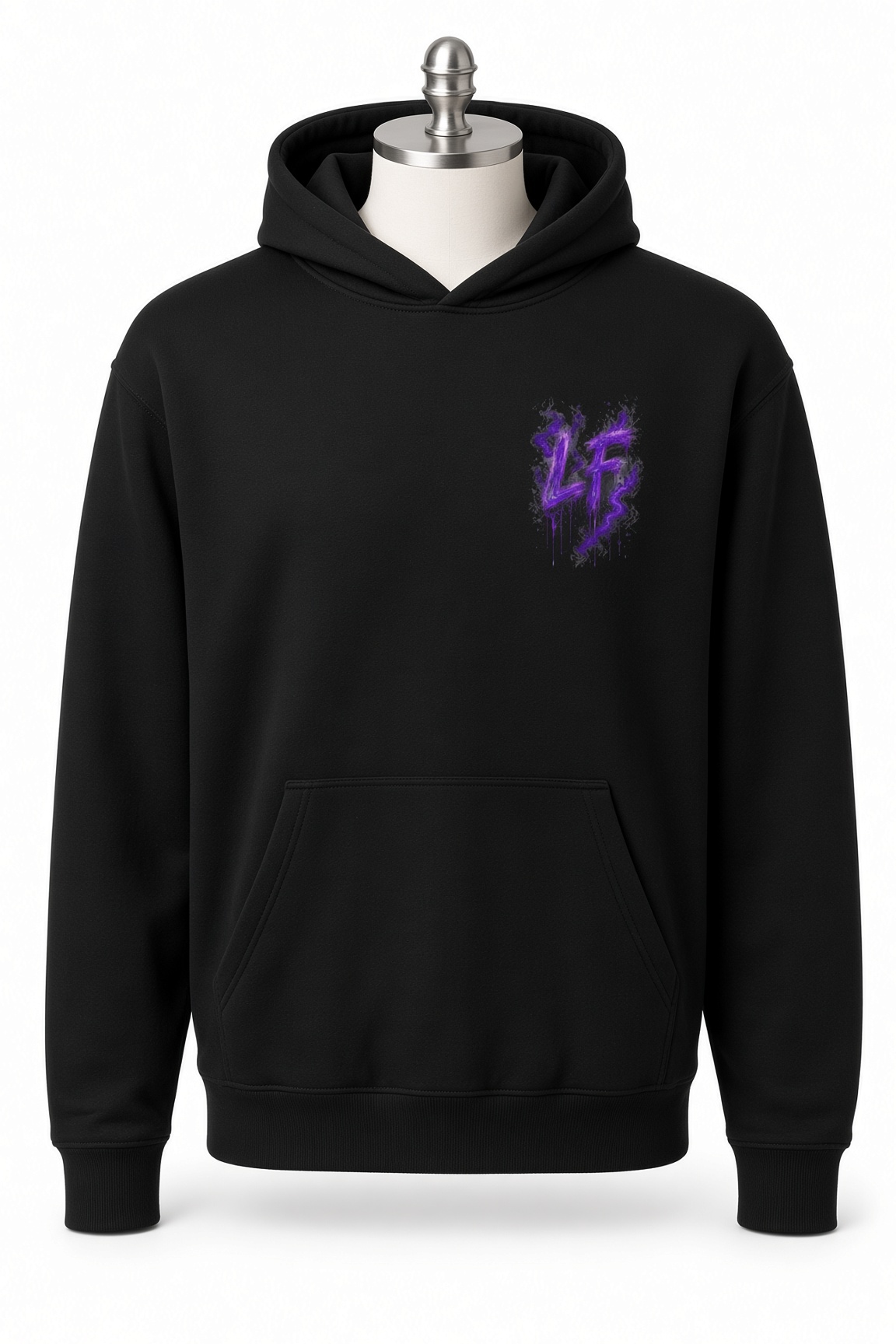 Black hoodie with a small purple LF on the left chest