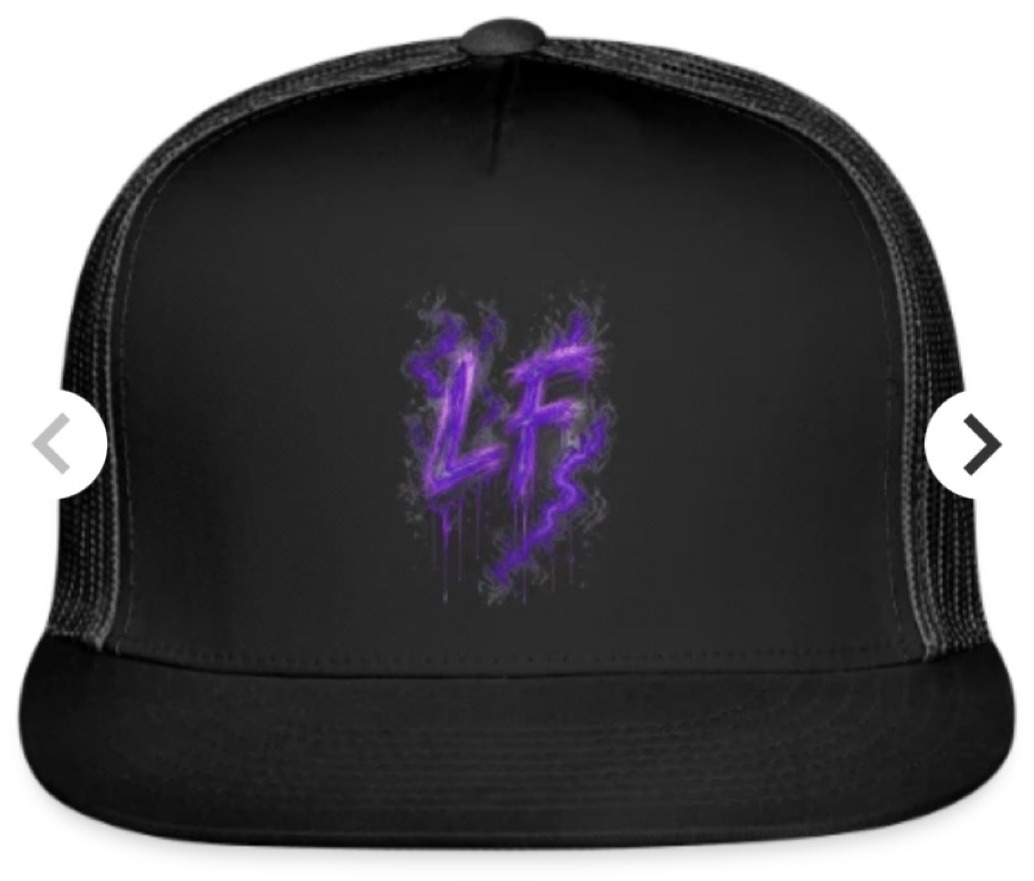 Black trucker hat with a purple dripping LF on the front panel